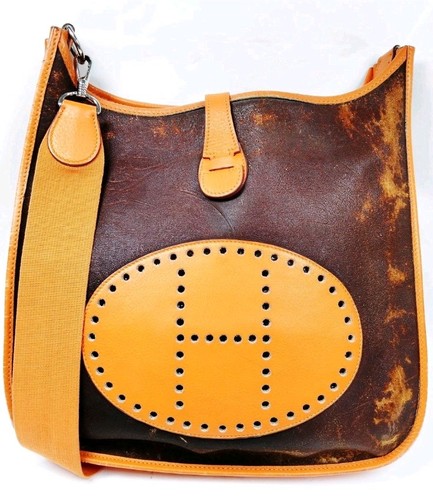 Hermès Evelyne GM Amazonia Brown Canvas + Orange Clemence Leather Shoulder Bag
