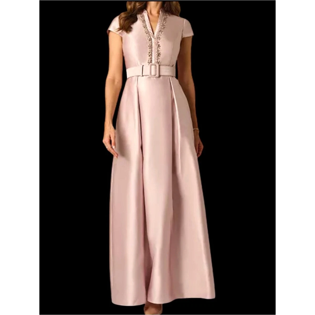 Vestido Cinturón Adrianna Papell Mikado Manga Corta Rubor Rosa Madre de la Novia
