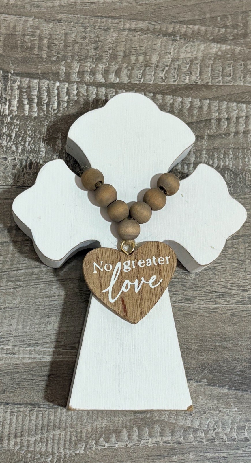 !NEW! Small White Wooden Cross Decor with Heart Pendant Christian Gift