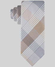 CALVIN KLEIN Beige  Gray Multi Plaid Silk Blend Neck Tie NEW
