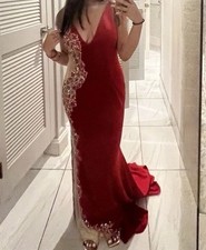 Red Beaded Sleeveless V-Neck Long Formal Gown for Women