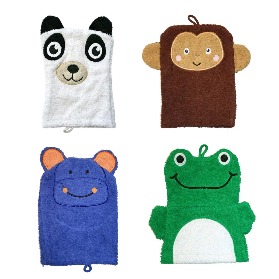 CASA COLORI Waschhandschuhe 4er Set aus 100% Baumwolle Waschlappen mit tollen Tiermotiven