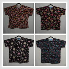 Lot of 4 Scrub Tops 100 Cotton Bright Colors Fun Prints Assorted Brand Sz Small