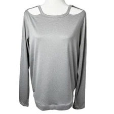 C&C California Women's Cold Shoulder Mesh Top Size L Gray Open Back Long Sleeve
