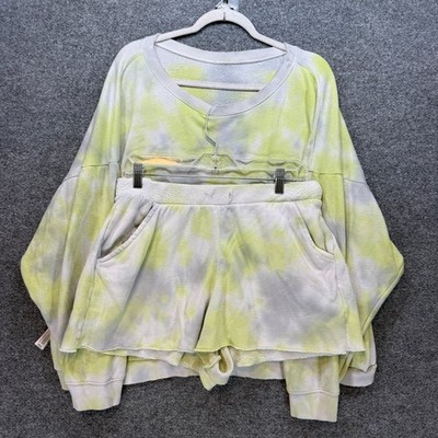 Free People Lounge Set Womens Large Yellow Tie Dye Fleece Shorts Sweatshirt Boho