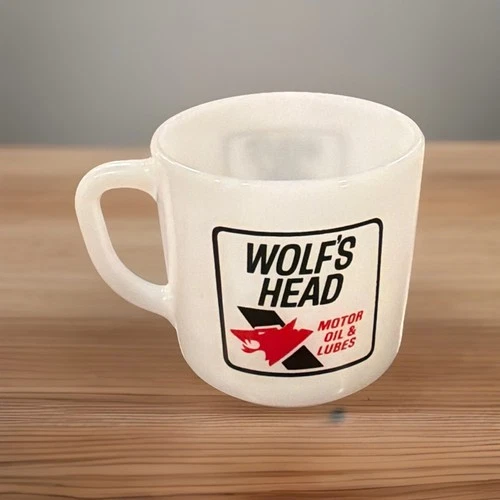 Vintage Wolf's Head Motor Oil Advertising Milk Glass Mug Federal Glass