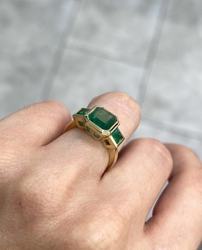 14k Natural Zambia Emerald Ring 14k Solid Yellow Gold Emerald Ring - Picture 4 of 8