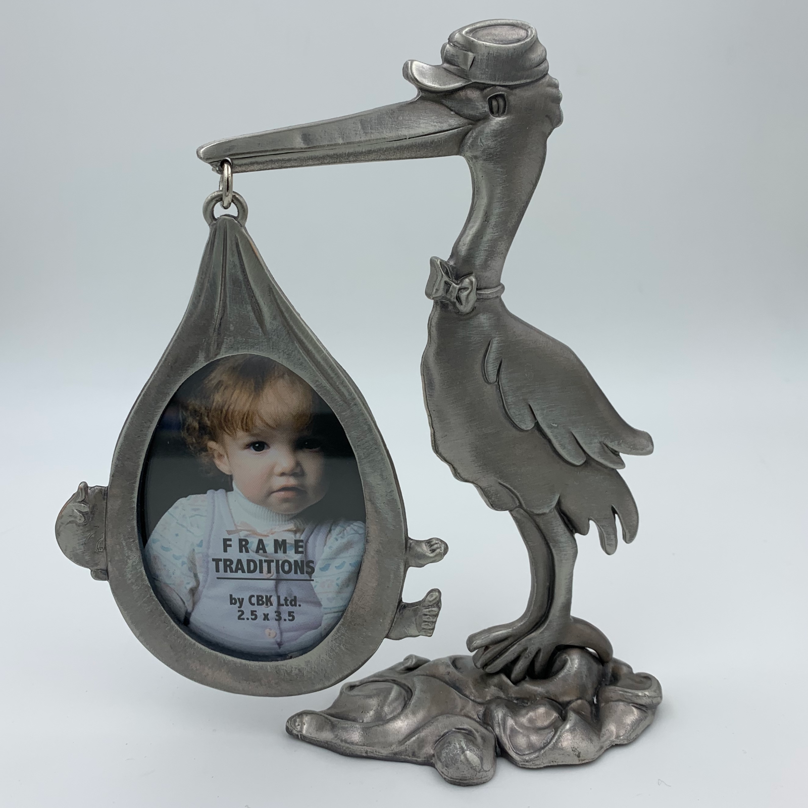 Stork with Baby Bundle - Pewter Picture Frame Newborn Boy Girl Gift