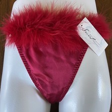 Vtg Secret Treasures Second Skin Thong Panty Sz 6 Red With Red Feather Trim NWT