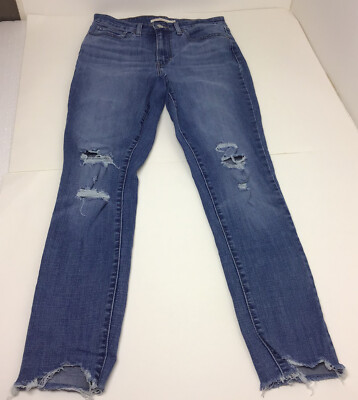 Levis 721 Womens Jeans Sz 27 High Rise Stretch Skinny Raw Hem Distressed Denim