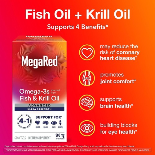 MegaRed Fish Oil + Krill Oil 900mg Omega 3 Supplement with EPA & DHA, Supports H - Picture 2 of 10