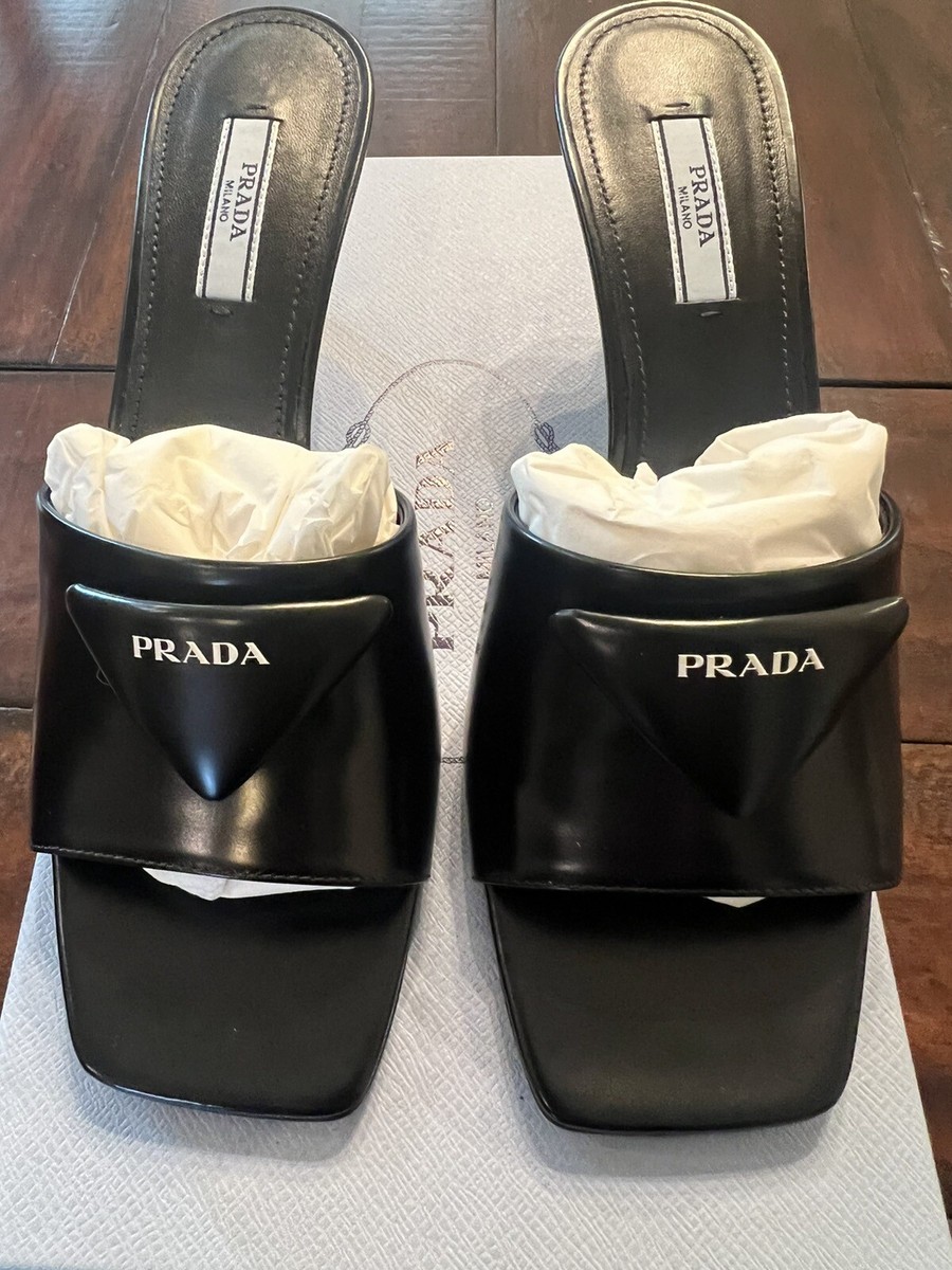 PRADA Women's Black Brushed Leather Logo Heeled Slides