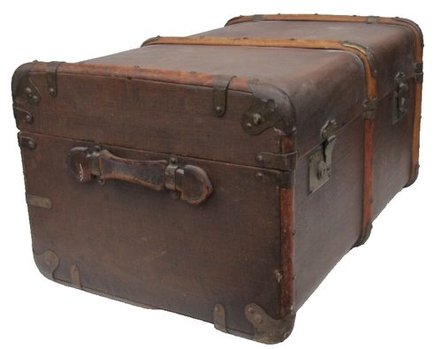 Large Vintage Banded Steamer Trunk Bent Wood Travel Storage Display Prop Table