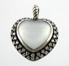 David Yurman Sterling Silver Mother of Pearl Heart Natural Diamond Halo Pendant