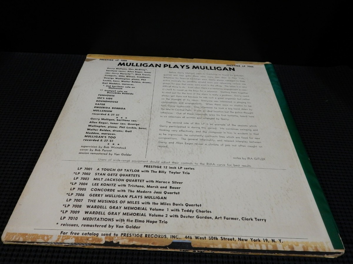 GERRY MULLIGAN Plays Mulligan LP PRESTIGE PRLP 7006 MONO DG RVG