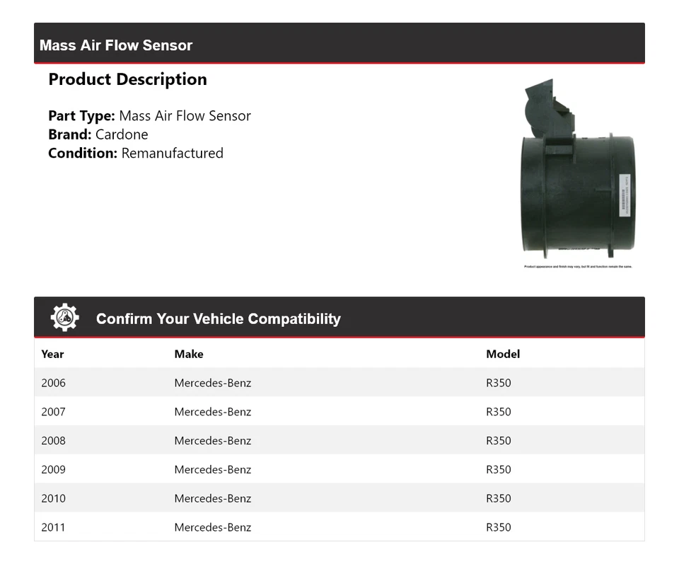 Sensor de flujo de aire másico Cardone 2007 2008 2009 para Mercedes-Benz R350 2006-2011 Foto 2 de 4