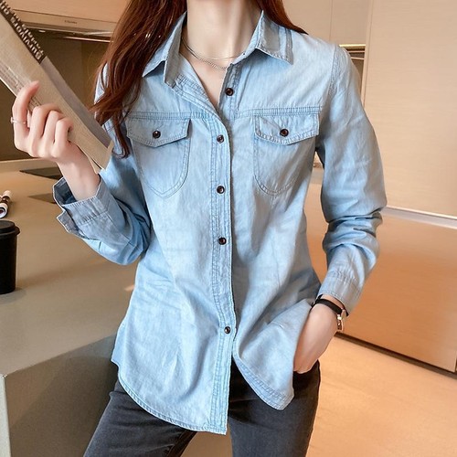 Camisa de mezclilla de moda para mujer manga larga informal color liso camisa top - Imagen 6 de 24