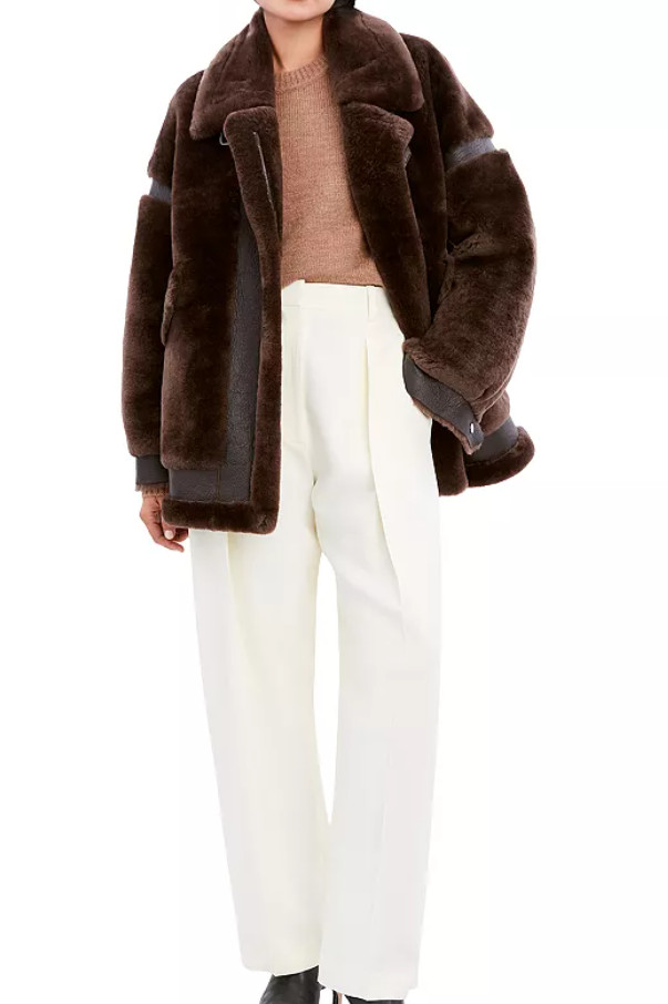 $1,495.00 Dawn Levy Sean Genuine Shearling & Leather Coat Chocolate Size L ~NWT image 5