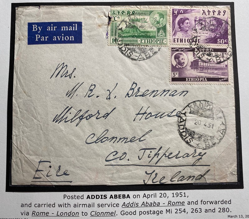 1951 Addis Ababa Ethiopia Airmail Commercial Cover To Clonmel Ireland Sc#254