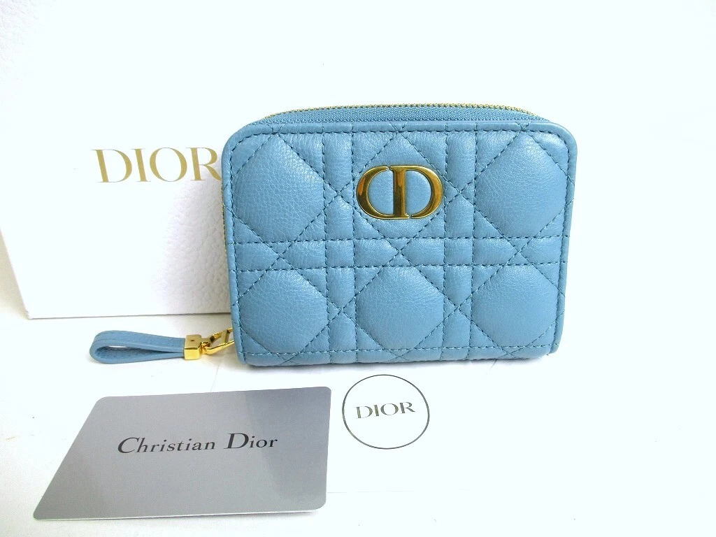 Authentique portefeuille Christian Dior en cuir turquoise caro scrlet portefeuille à deux volets #a360