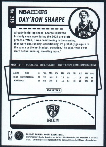 Day'Ron Sharpe RC #215 Rookie Card 2021-22 Panini NBA Hoops - Bild 2 von 2