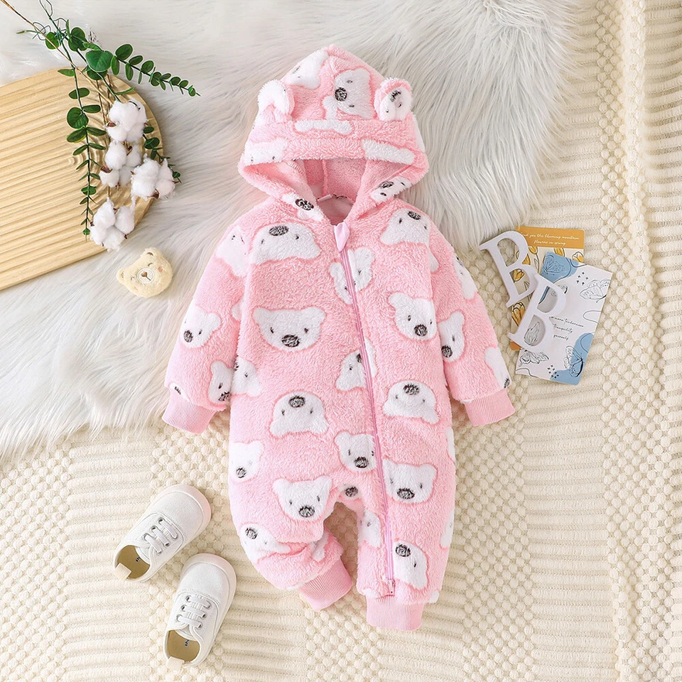 Newborn Baby Girls Keep Warm Bear Hooded Romper Jumpsuit Outfit Clothes - Изображение 3 из 4