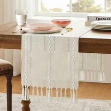 Hemstitched Farmhouse Table Runner, Beige 108" x 13" (Runner) Hemstitch Beige
