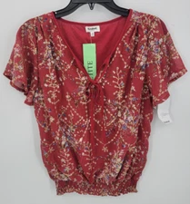 Kindred Anthropologie Top Womens Petite PM Red Embroidered Floral Flutter Sleeve