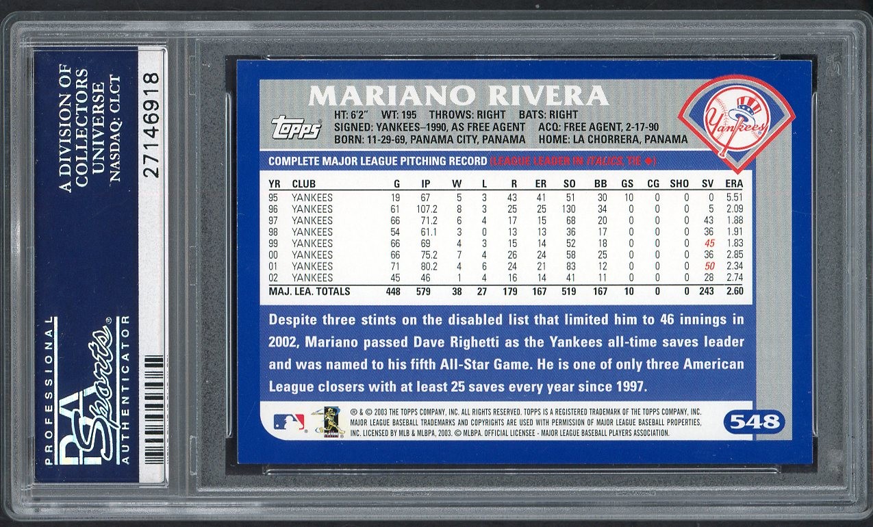 2003 TOPPS #548 MARIANO RIVERA YANKEES PSA 10 GEM MINT 562548 (KYCARDS) view 2