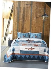 True North Fish Quilt Set - King Size with 2 Shams, Rustic Cabin Bedding with