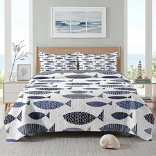 Quilt Set Full/Queen Size, Coastal Fish Ocean 3 Pcs Soft Bed Cover Bedding Set,