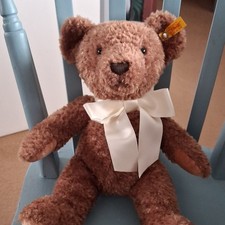 Steiff Teddy Bear Brown Plush Soft Toy with Button in Ear & White Bow Ribbon