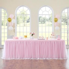 252in Baby Pink Tulle Table Skirts for Rectangle Tables 8ft, 2-Layer 21 ft Long