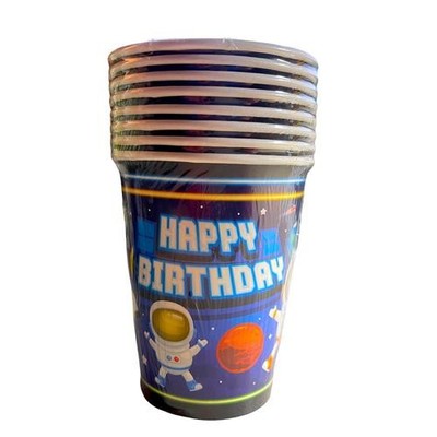 8-PK Treasures Gifted ASTRONAUT Shuttle Rocket Ship HAPPY BIRTHDAY 9oz Cups 12z