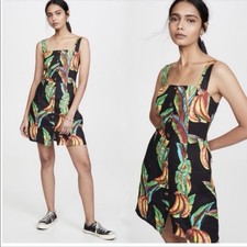 Farm Rio Dress Black Green Multi Preta Banana Print Linen Mini Small