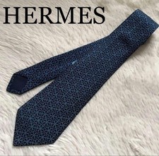 HERMES Necktie harness navy, blue pattern 100% Silk tie made in France M7223