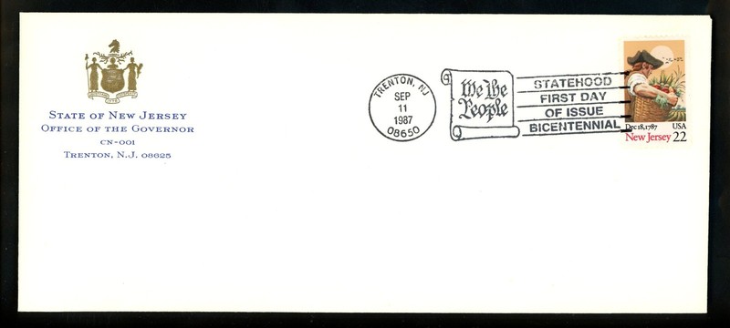 US FDC #2338 CC Office Of The Governor 1987 Trenton NJ New Jersey Statehood HC
