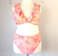 Cupshe 3X Floral Print Bikini Top & High Waisted Bottoms Set Pink Coral