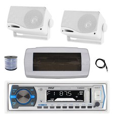 Pyle Bluetooth Marine Receiver, Cover, Antenna,Wire, 2x 3.5'' 200W White Speaker