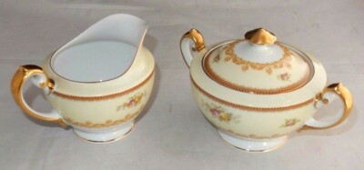 VINTAGE SUGAR BOWL & CREAMER SET F.B. & Co. FLORAL GOLD MEITO CHINA NASSAU JAPAN