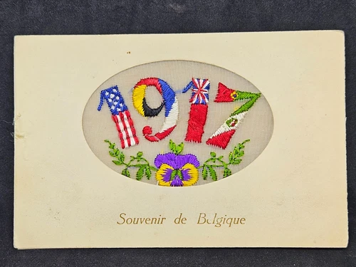 Antique WW1 Silk Embroidered Postcard "1917 Souvenir de Belgique Unused