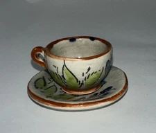 Vintage Miniature Tea Cup and Saucer Hand Made Pottery Bird  And Flower Theme