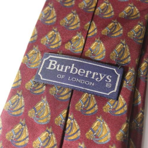 Vintage Burberrys Of London Necktie Maroon Equestrian Horse Print 100% Silk - Picture 3 of 5