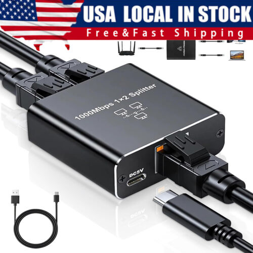 RJ45 Gigabit Ethernet Splitter 1000Mbps LAN Network Internet 1 to 2 Out Adapter