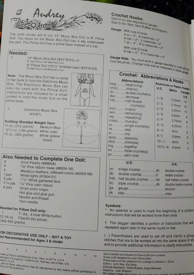 Audrey [Fibre Craft FCM 409] Crochet Victorian outfit Pillow Doll Music Box Doll - Image 2 of 3