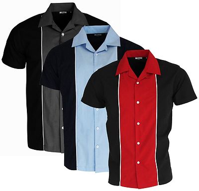 Men's Bowling Shirt Red Blue Black Options Colours Rockabilly