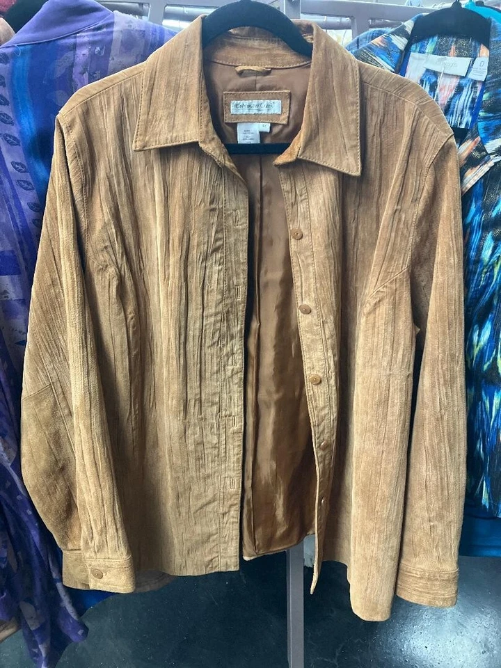 Coldwater Creek Women's Gorgeous Brown Gold Designer Leather Button Jacket Sz 1X