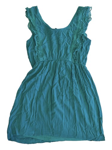 As U Wish Teal Dress Crochet Detail Size Large NWT Fit Flare Dress Elastic Waist - Picture 11 of 13