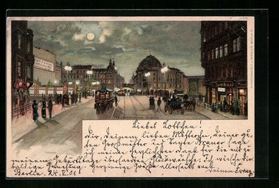 Mondschein-Lithographie Berlin, Weidendammer Brücke am Abend 1901 