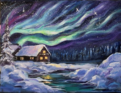 #ad #ad Northern Lights Painting Aurora Borealis Landscape Original Night Sky Minnesota $155.00